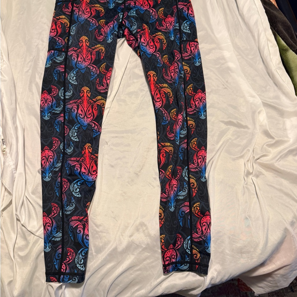 Constantly Varied Gear Vibrant Red and Blue Leggings (sea turtle design)